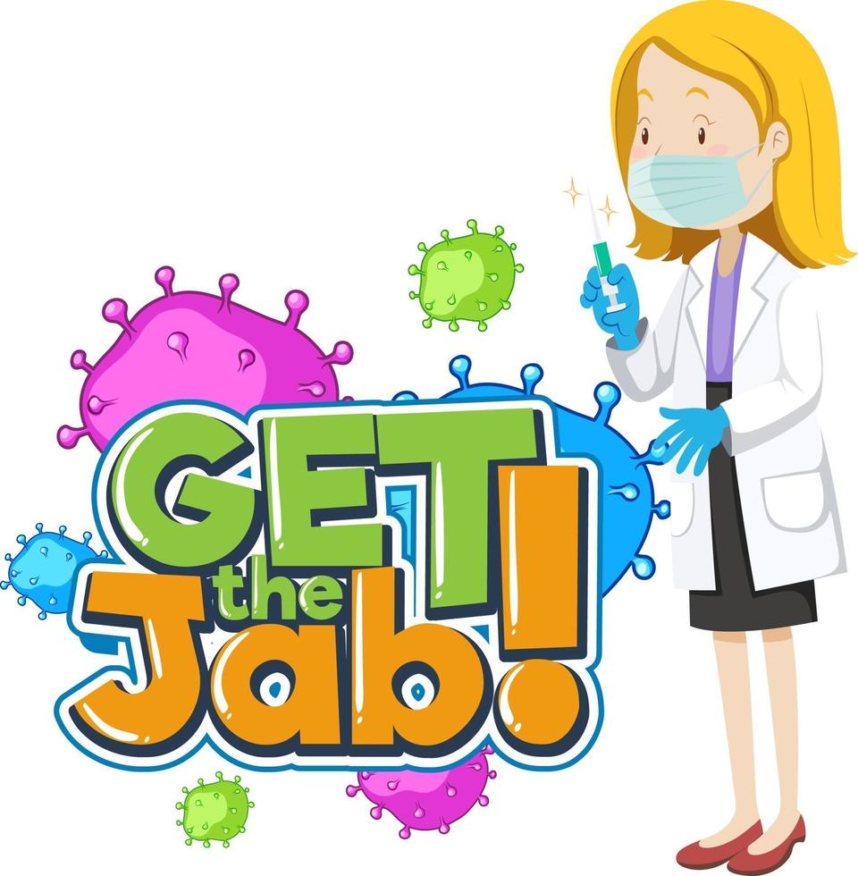Get the Jab font banner with a female doctor cartoon character vector