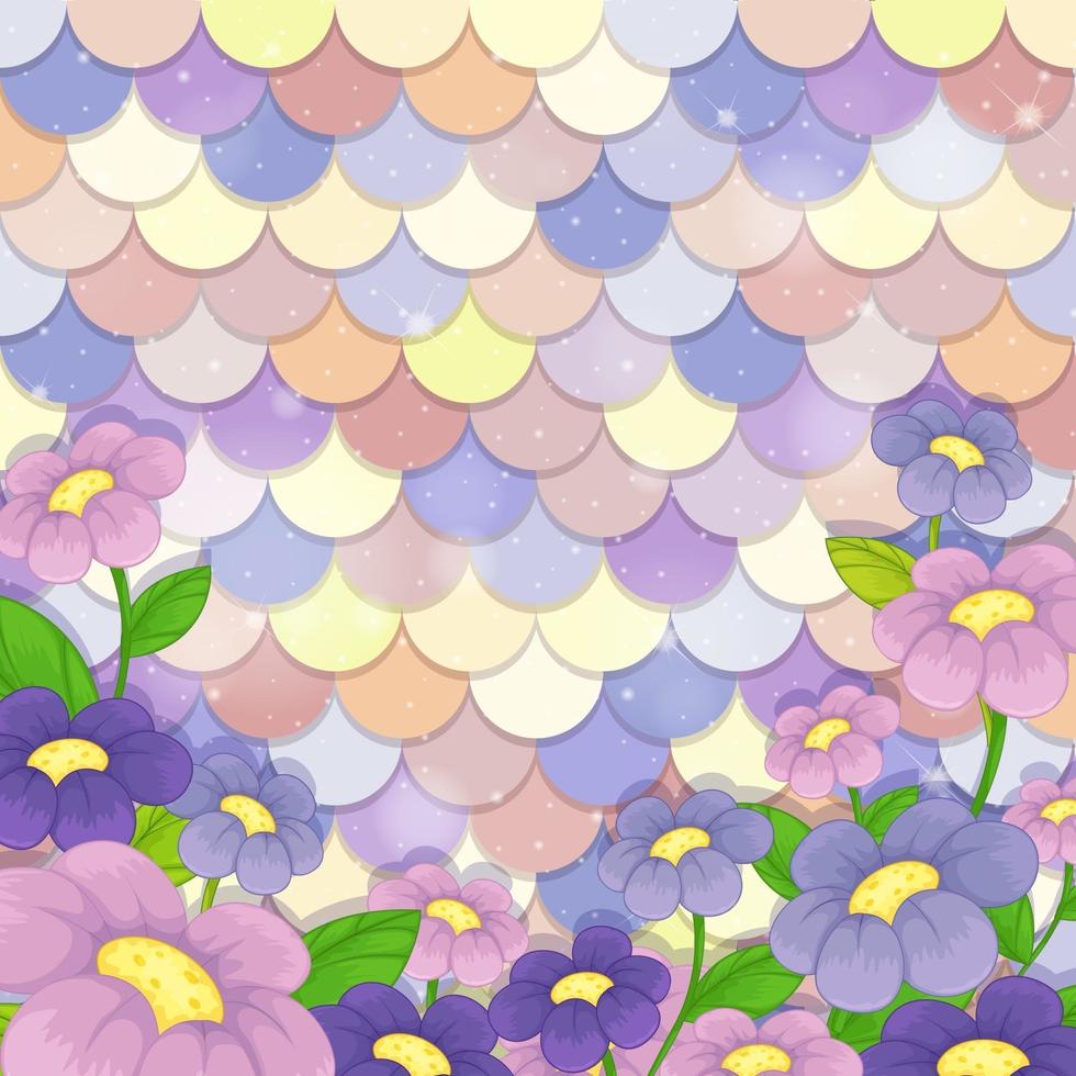 Pastel mermaid scale pattern with many flowers vector