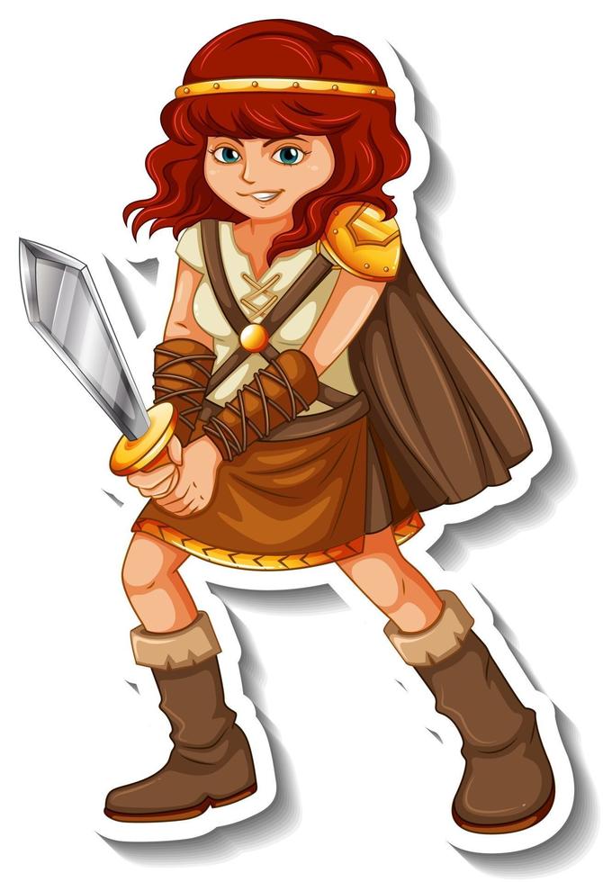 Sticker template with Viking warrior cartoon character isolated vector