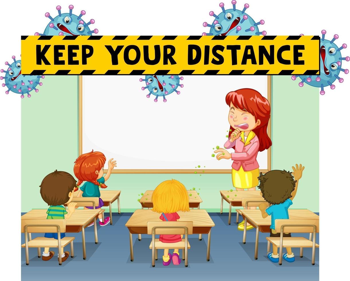 Keep your distance font design with classroom scene vector