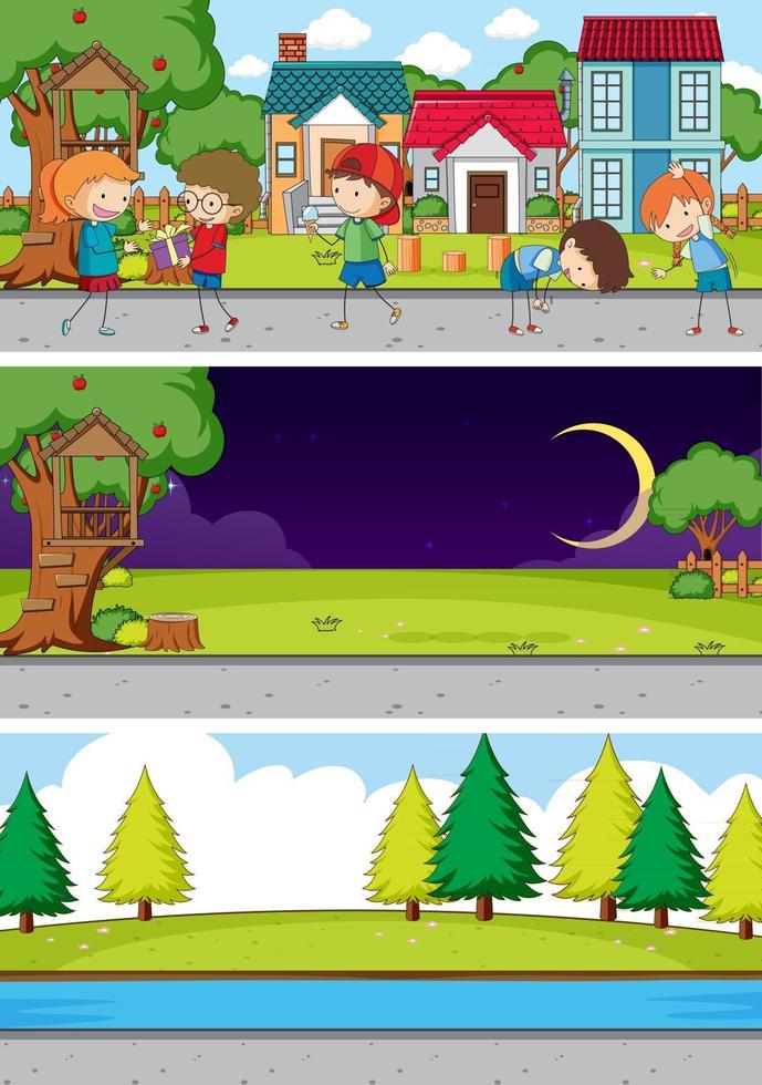 Set of different horizon scenes background with doodle kids cartoon character vector