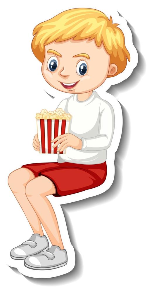 Sticker design with character of a boy sitting and eating popcorn vector