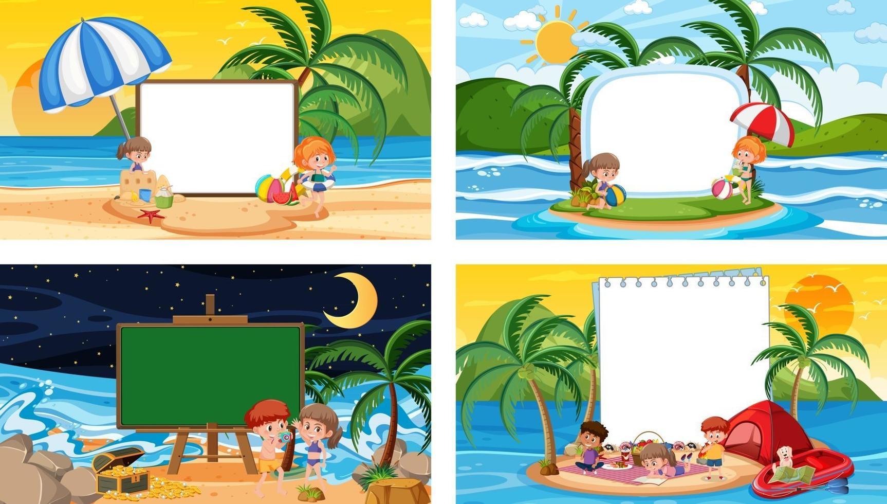 conjunto de diferentes escenas de playa tropical con banner en blanco vector