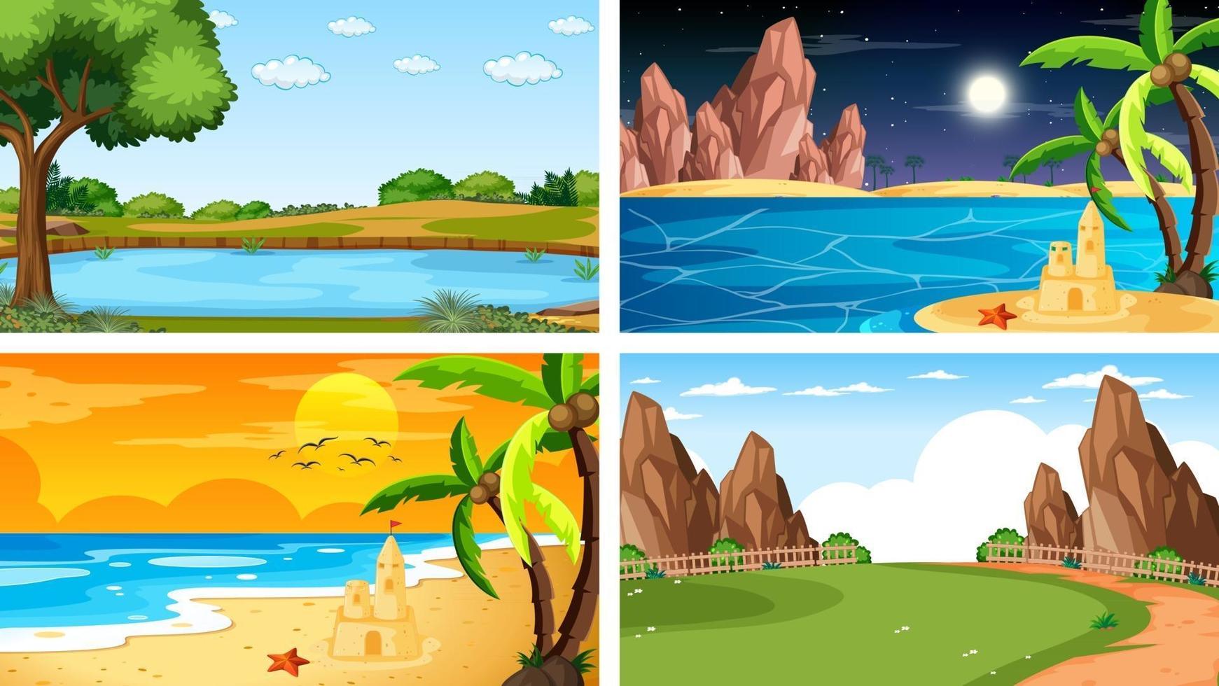 cuatro escenas diferentes de parque natural y bosque. vector