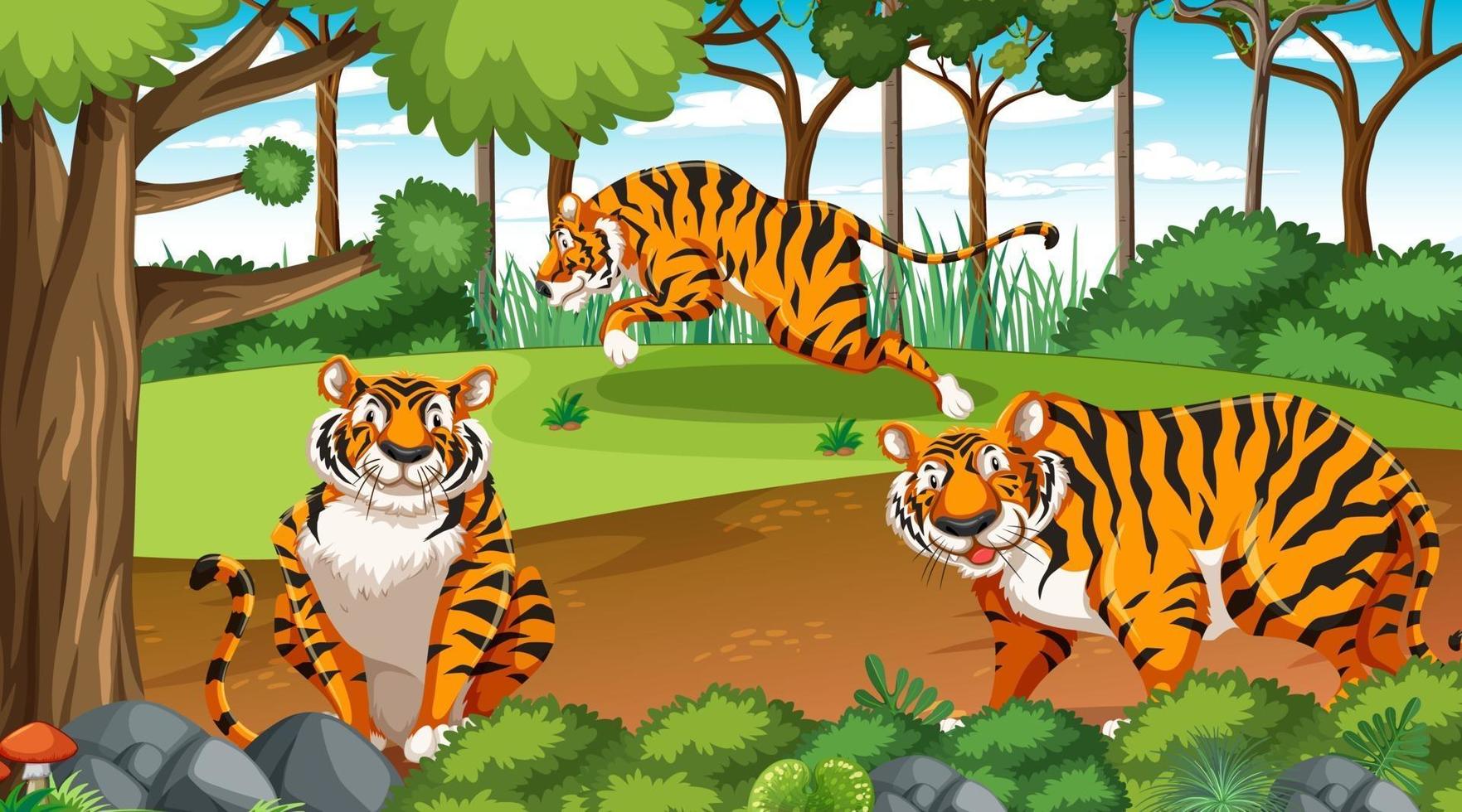 Escena de bosque o selva tropical con familia tigre. vector