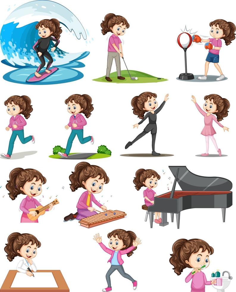 conjunto de una linda chica haciendo diferentes actividades. vector