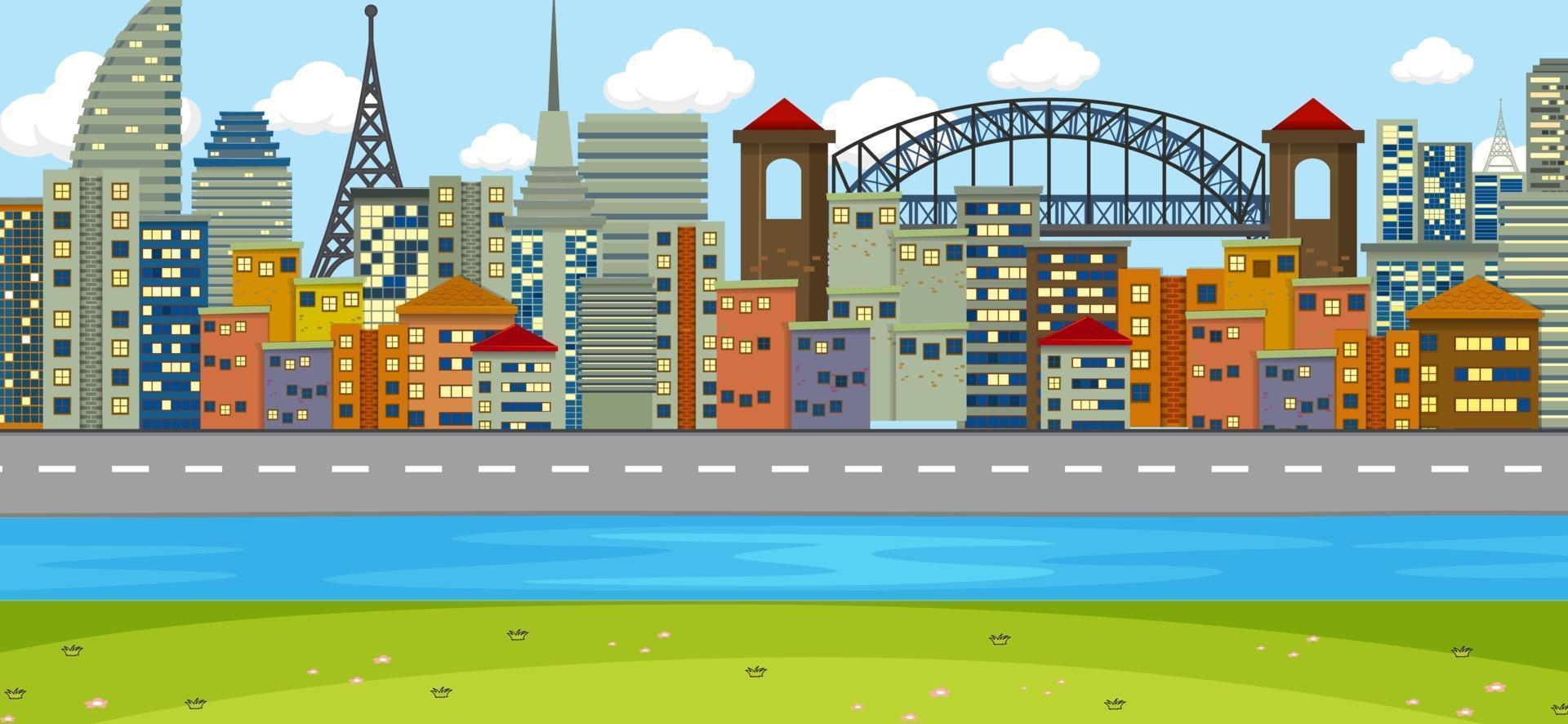 escena horizontal con fondo de río y paisaje urbano vector