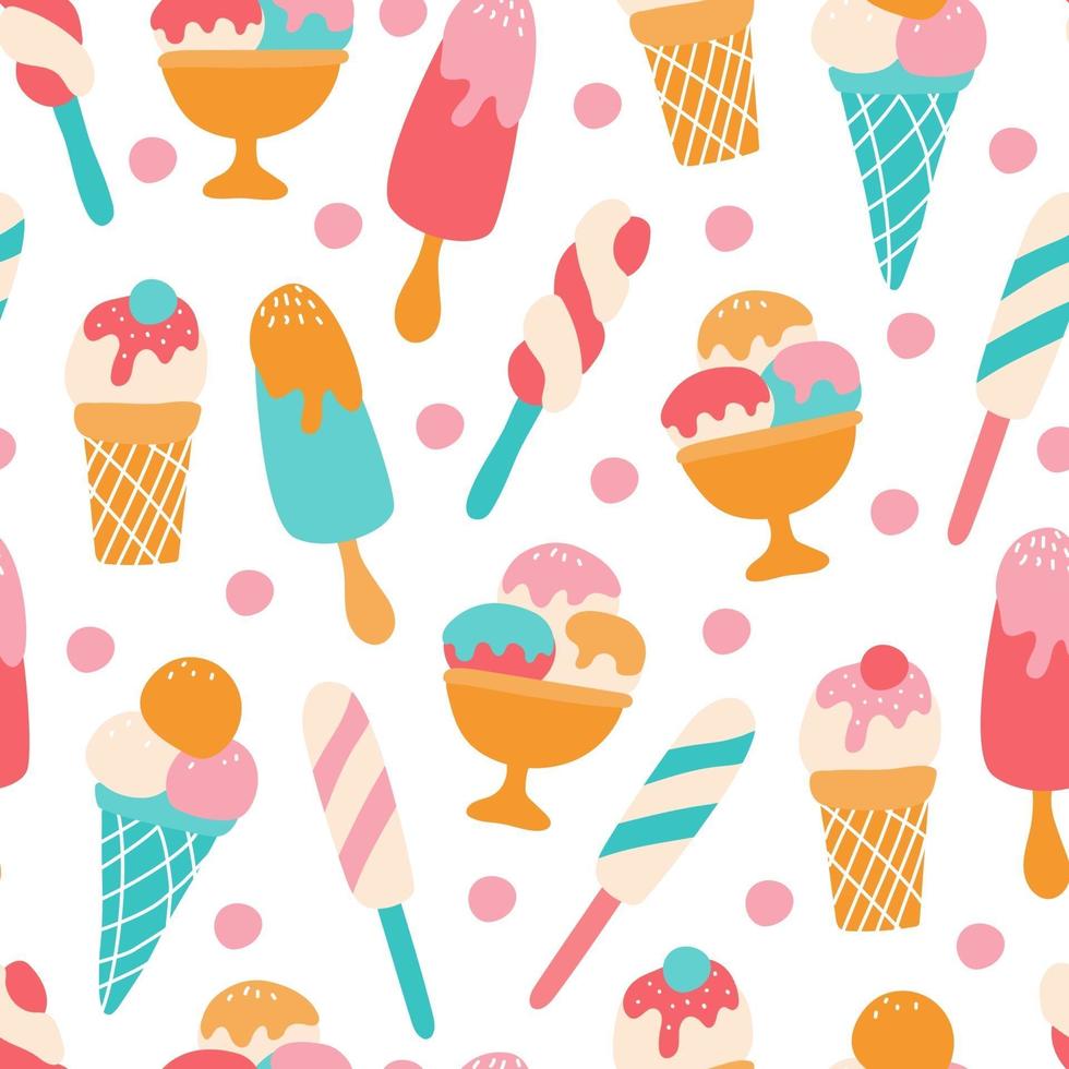 Colorful ice cream with berries on a white background. Vector seamless pattern. Wallpaper, packaging paper design, fabrics