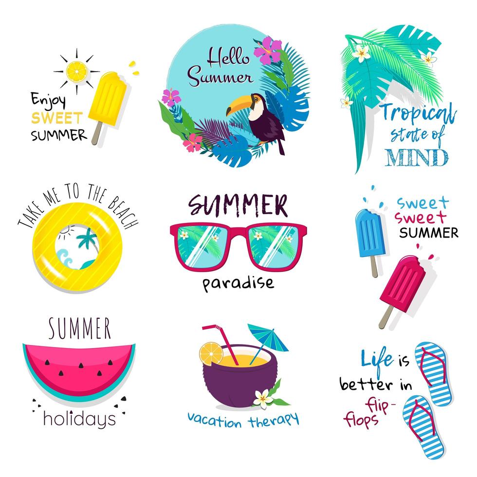 Summer phrases and icons vector lettering set