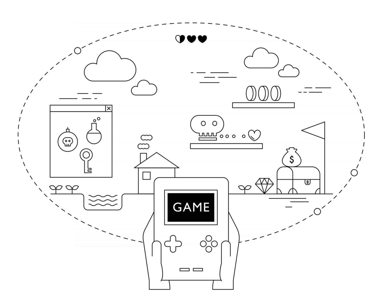 A hand holding a video game and a game screen. Design with black lines on a white background. minimal vector illustration.