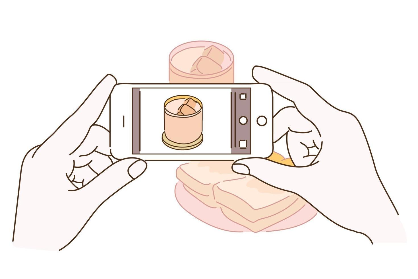 Hand taking food photo with mobile phone. hand drawn style vector design illustrations.
