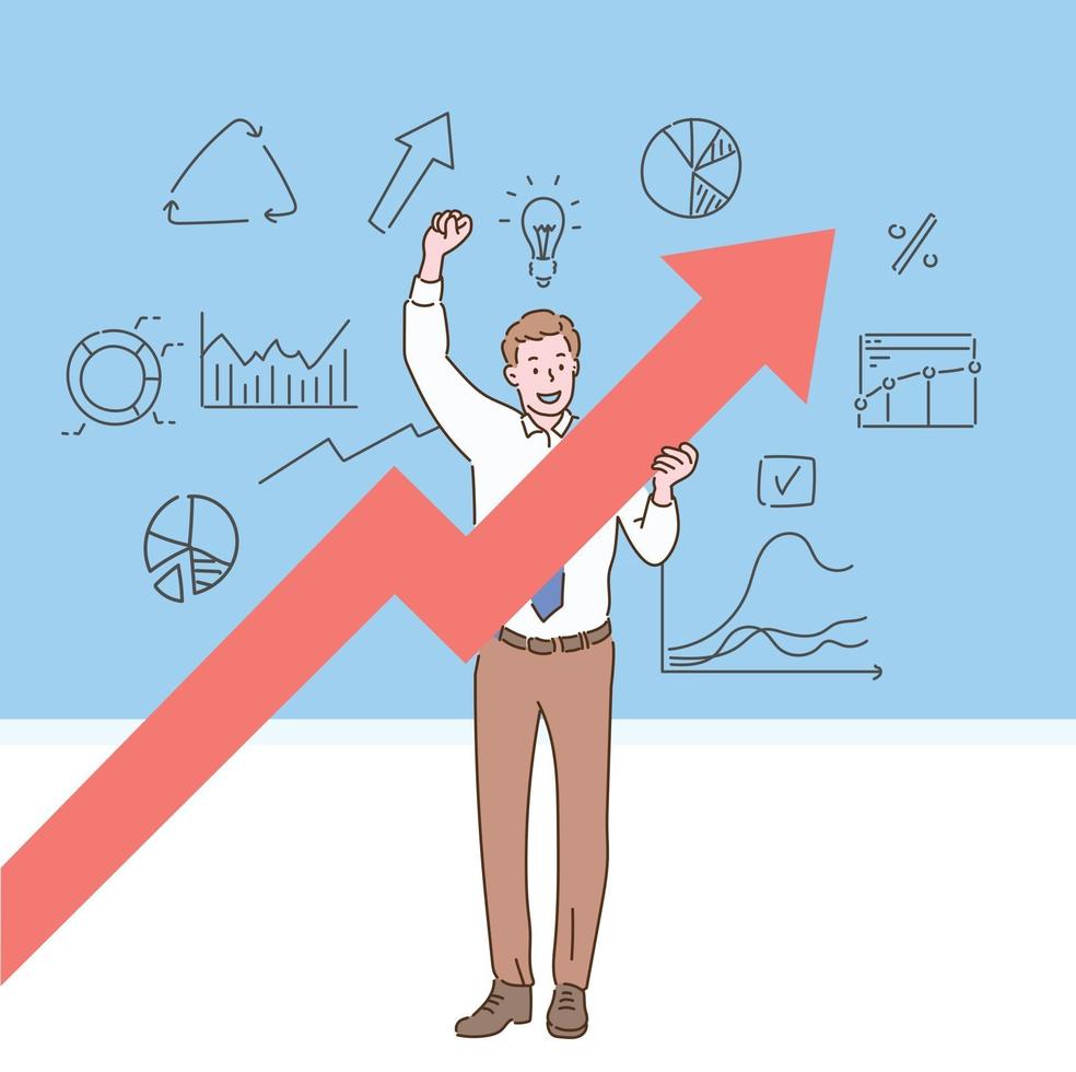 A businessman is holding a rising graph. hand drawn style vector design illustrations.