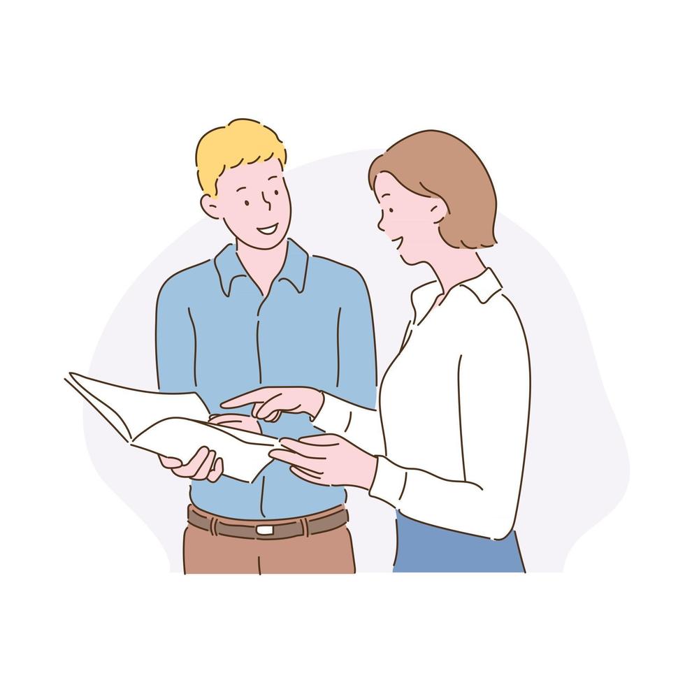 A businessman and a woman are talking while looking at documents. hand drawn style vector design illustrations.