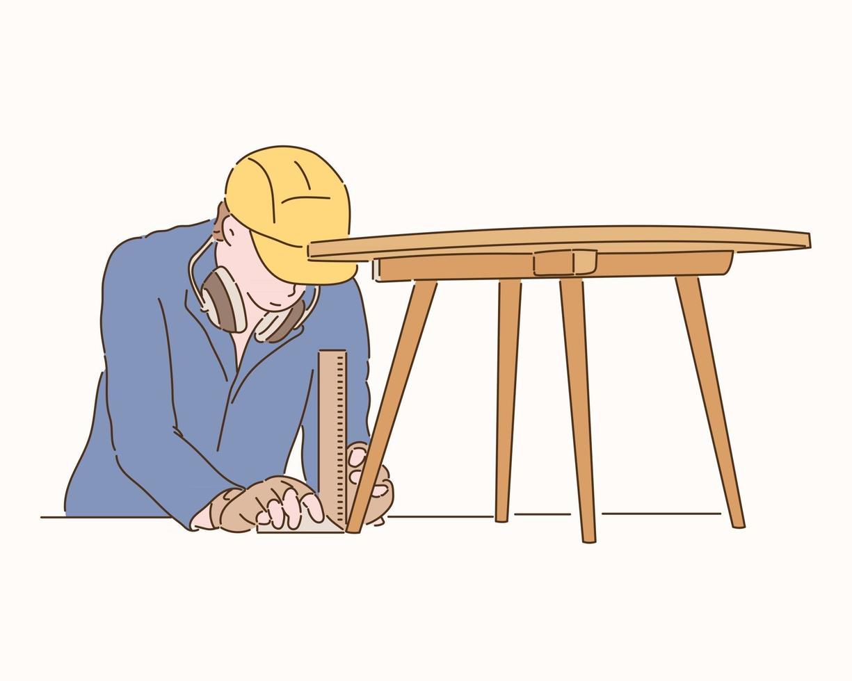 A carpenter is making a table. hand drawn style vector design illustrations.