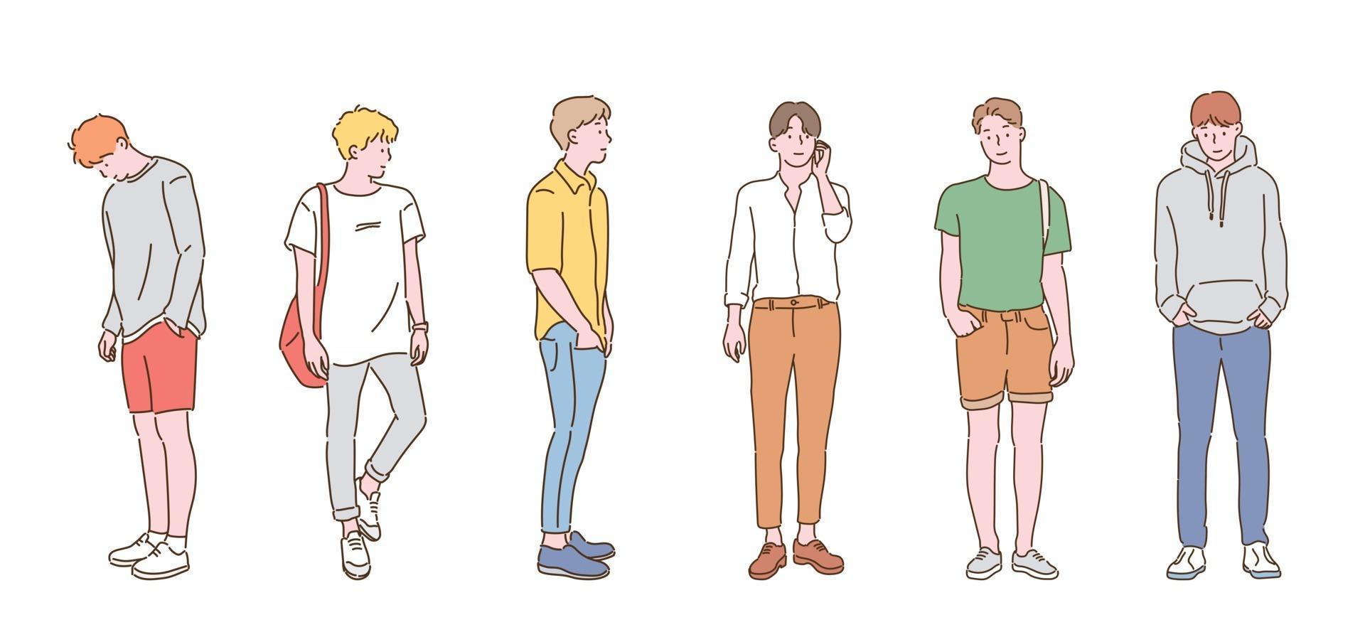 young men's street fashion collection. hand drawn style vector design illustrations.