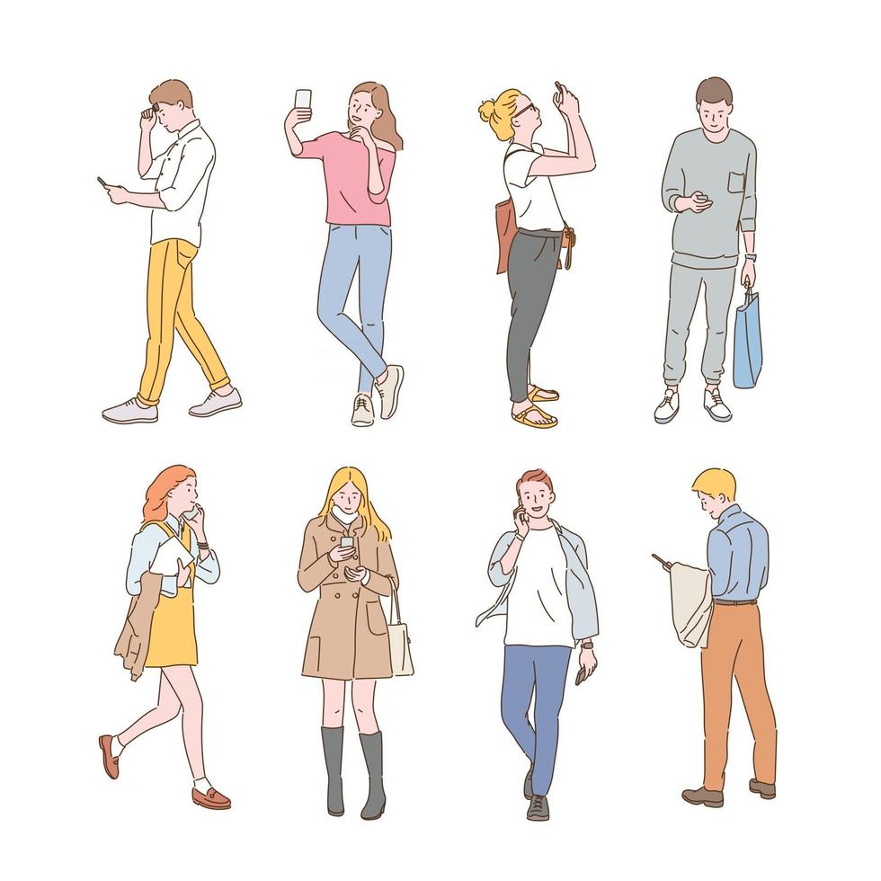 Collection of people on the street using mobile phones. hand drawn style vector design illustrations.