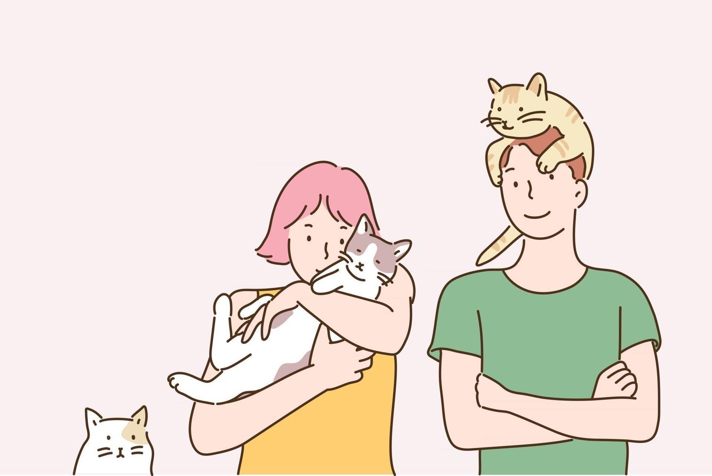 personas con gatos. ilustraciones de diseño de vectores de estilo dibujado a mano.