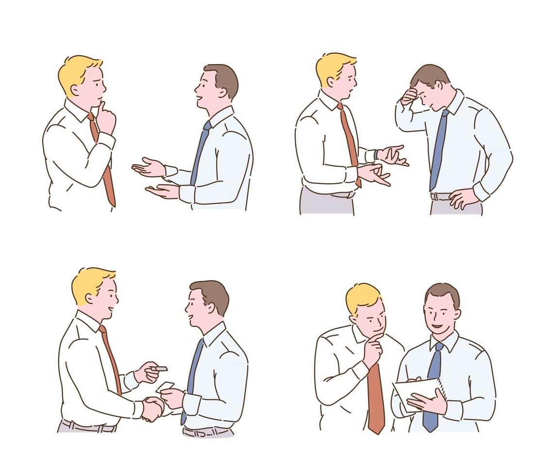 Various gestures of two business men. hand drawn style vector design illustrations.