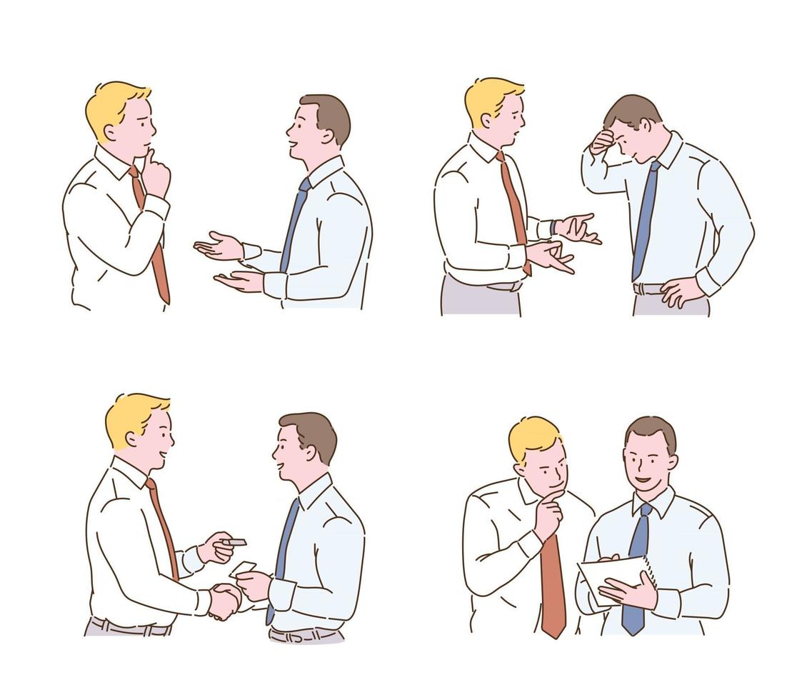 varios gestos de dos hombres de negocios. ilustraciones de diseño de vectores de estilo dibujado a mano.