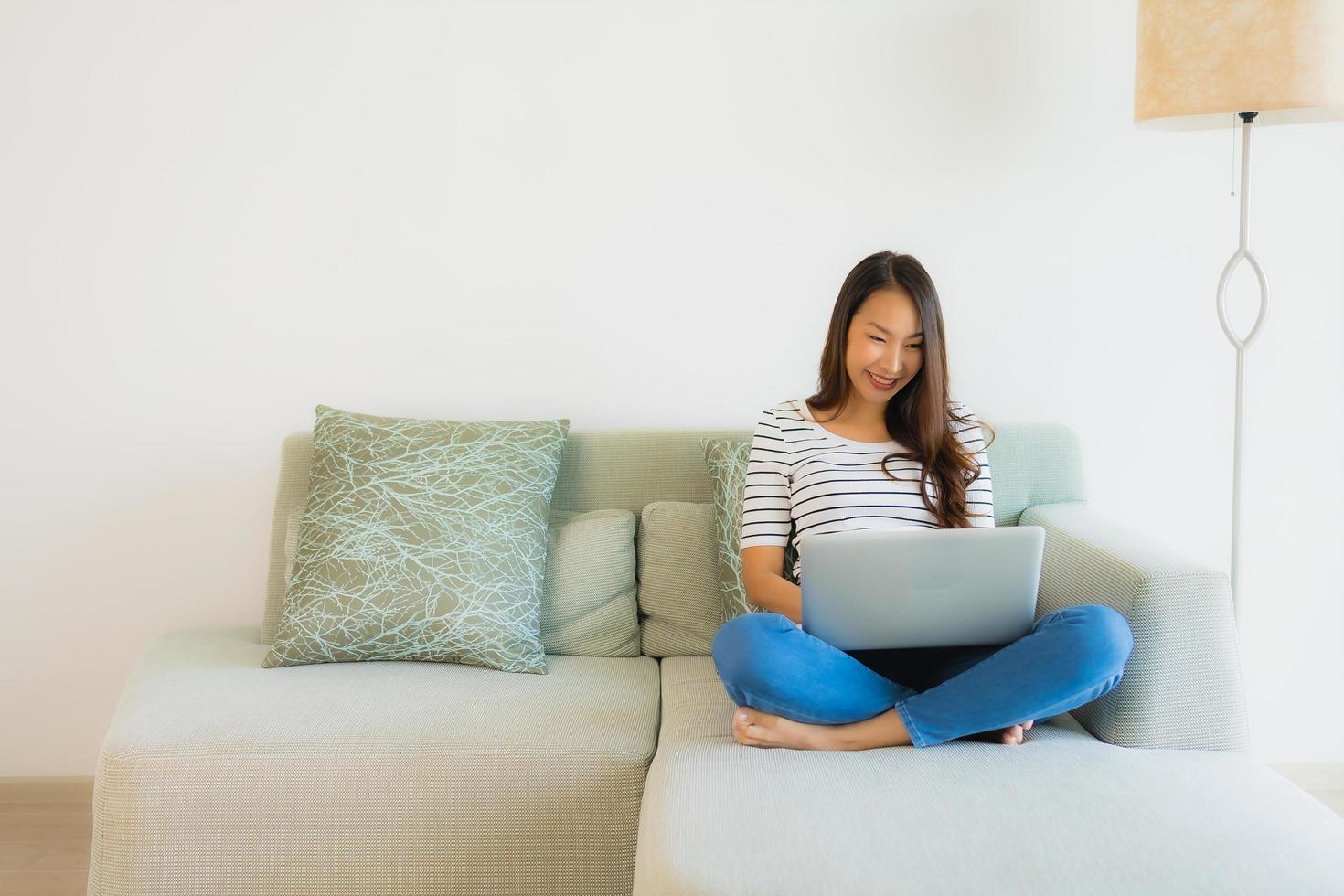 Portrait beautiful young asian women using laptop or computer on sofa in living room photo