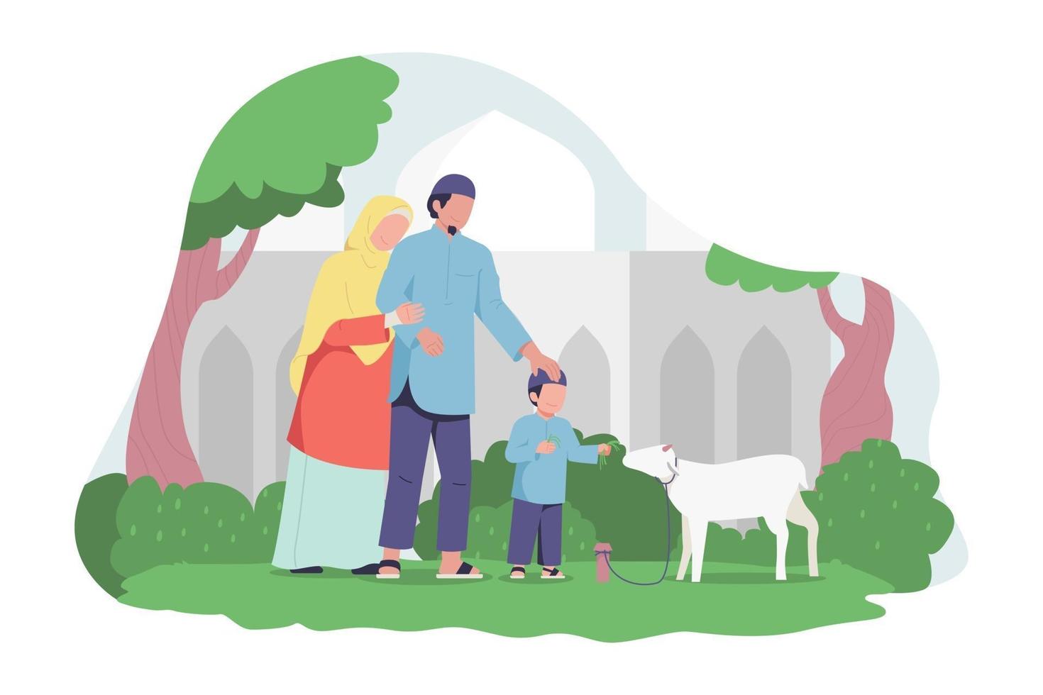 Happy family celebrating Eid Al Adha Mubarak vector Illustration.