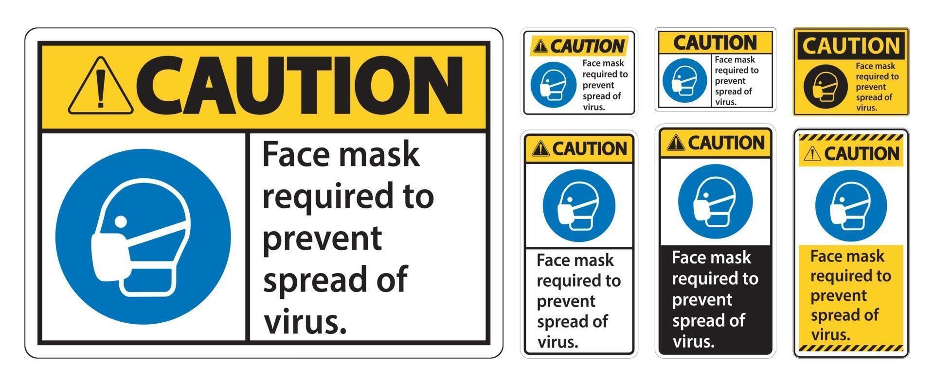 Caution Face mask required to prevent spread of virus sign on white background vector