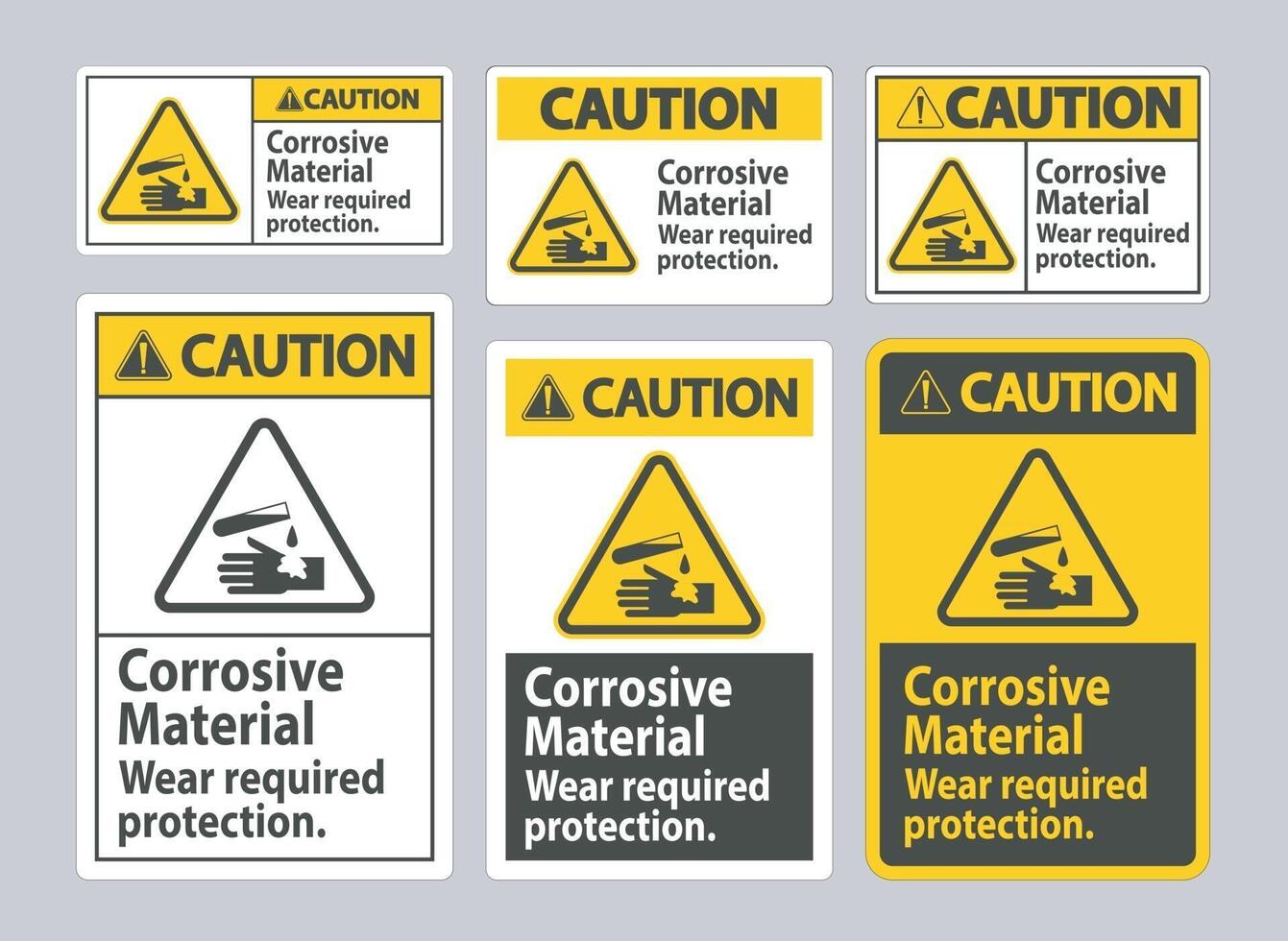 señal de precaución materiales corrosivos, use protección requerida vector