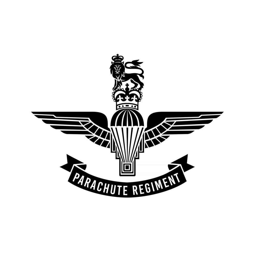 Parachute Regiment Insignia with Parachute with Wings Royal Crown and Lion Worn by Paratroopers in the British Armed Forces Military Badge Black and White vector