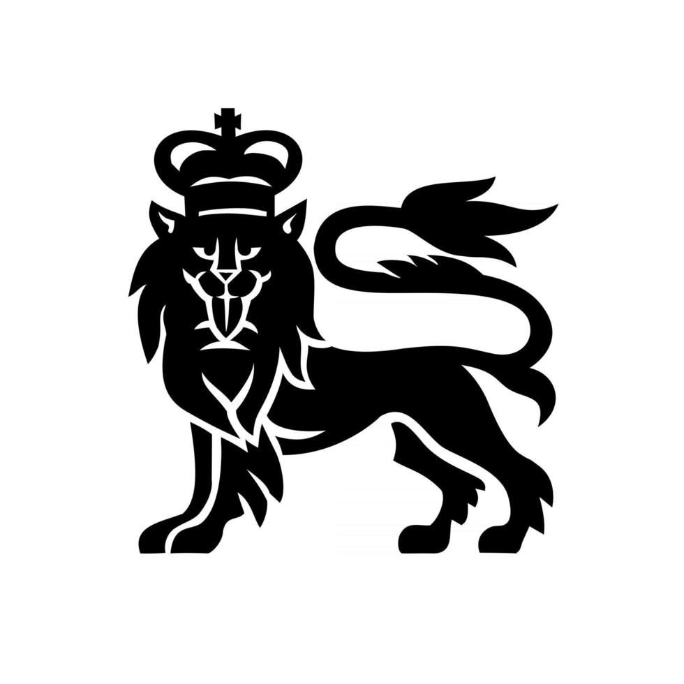 Ilustración de la insignia militar del león inglés o británico con una corona real, visto de lado mirando hacia el frente sobre fondo blanco aislado hecho en estilo retro en blanco y negro. vector