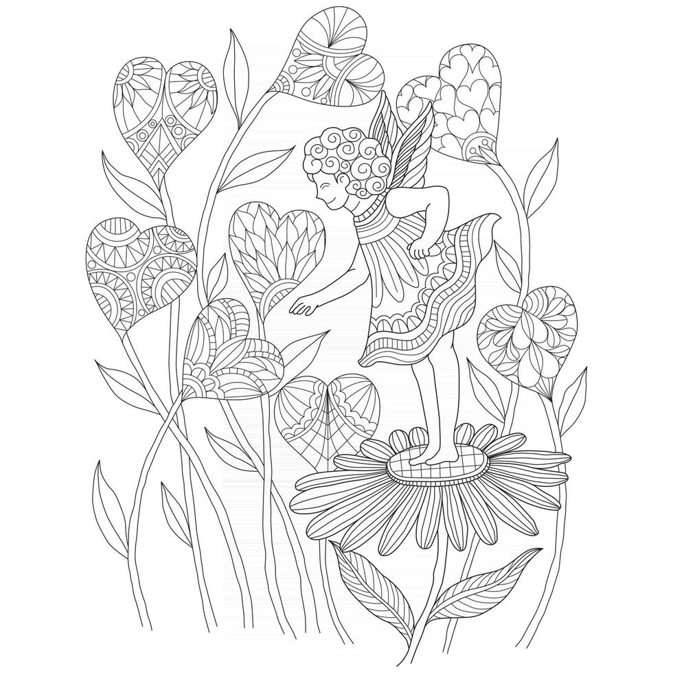 Fairy in the heart garden hand drawn for adult coloring book vector