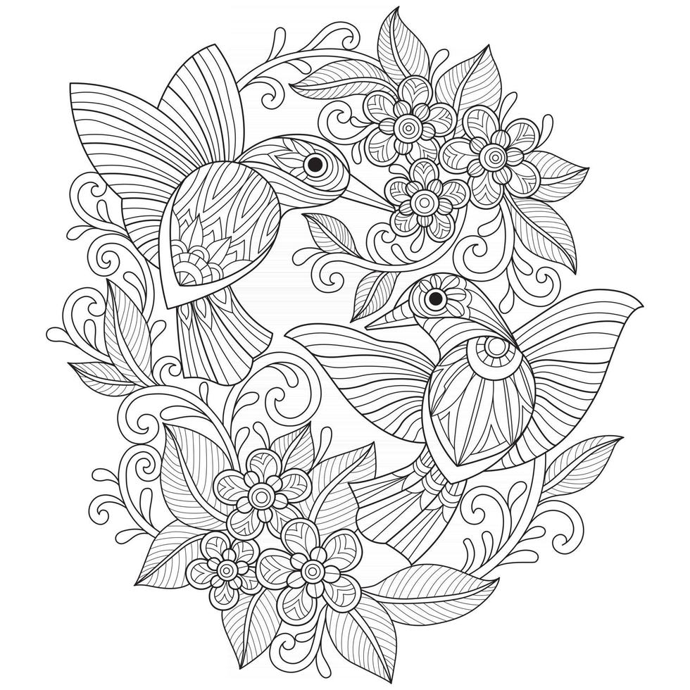 pájaros y flores dibujados a mano para libro de colorear para adultos vector