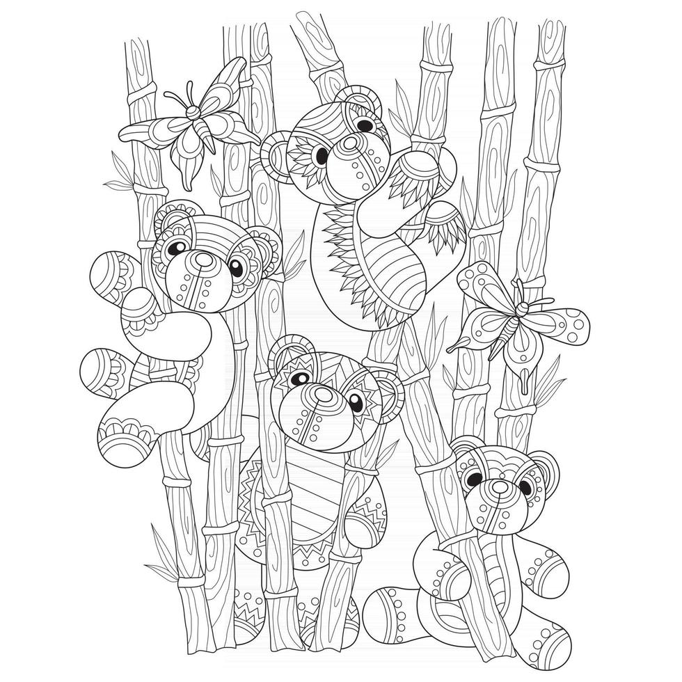 Teddy bears in the bamboo forest hand drawn for adult coloring book vector