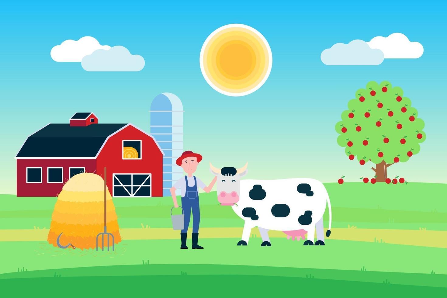 Landscape with black white spotted cow stand with grass mouth near farmer and haystack in front of red barn flat style vector illustration. Blue sky and sunlight. Poster or wallpaper for milk products
