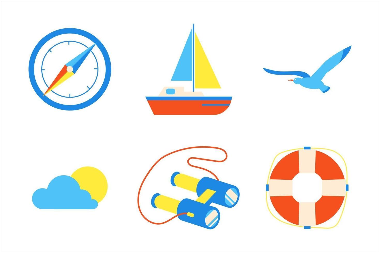 Holiday vacation beach elements flat style design set. Compass, sailboat, seagull, sun, cloud, binoculars, life buoy signs icons - symbols of season exotic vacations isolated on white background. vector