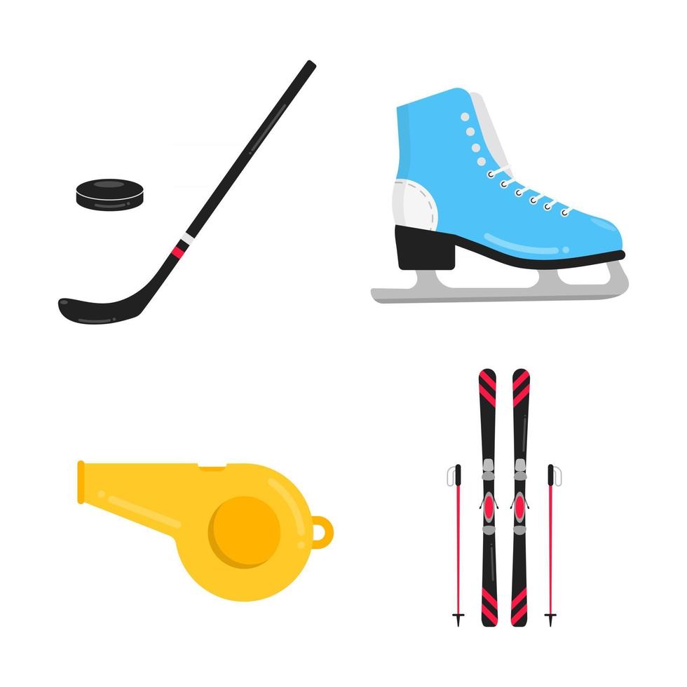 Winter sport attributes flat style design vector illustration set icon signs isolated on white background. Ski and sticks, ice skate, puck and hockey stick and whistle - symbols of the sport games.