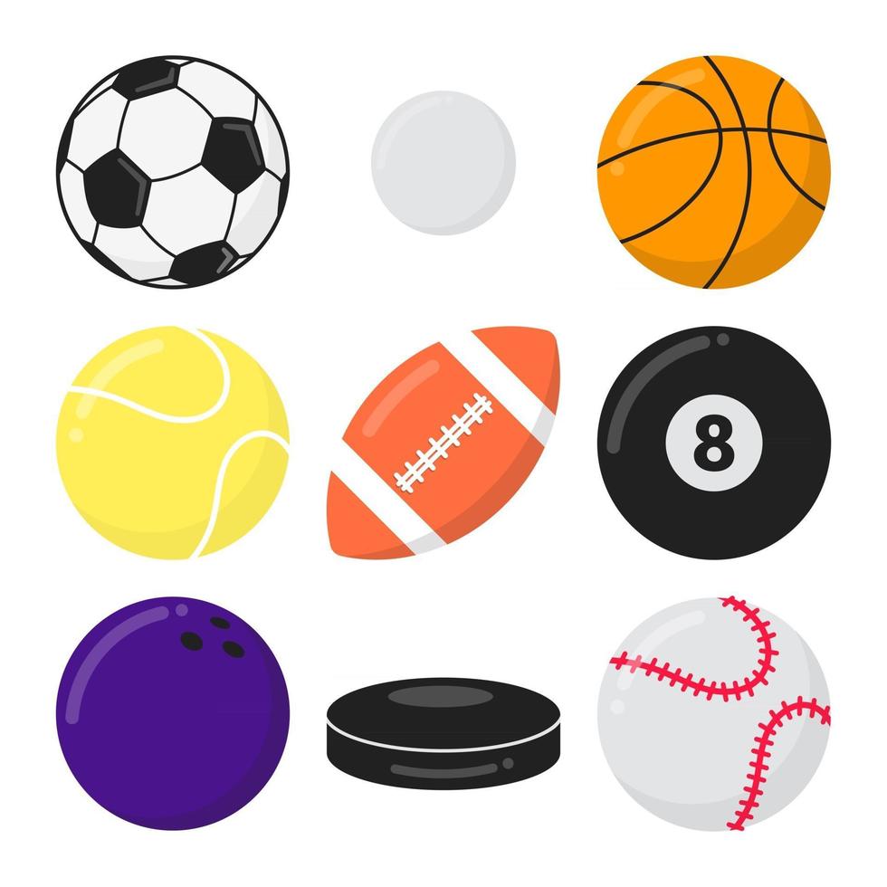 Juego de ilustración de vector de diseño de estilo plano de bolas de juegos deportivos aislado sobre fondo blanco. fútbol, ping pong, baloncesto, tenis, fútbol, billar, bolos, disco, béisbol: símbolos de los juegos deportivos.