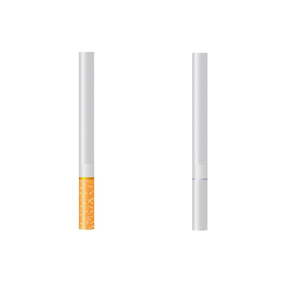 Realistic burning and no burning cigarettes with smoke. 3d design style vector illustration isolated on white background.