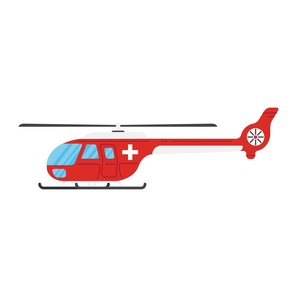 Ilustración de vector de estilo plano de helicóptero de ambulancia aislado sobre fondo blanco. El helicóptero de emergencia rojo ayuda a las personas en el hospital. concepto de vehículo de vuelo de rescate.