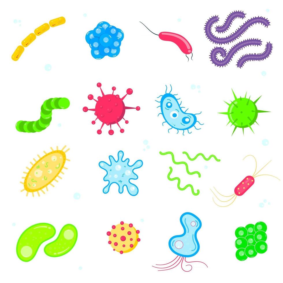 Bacterial microorganism, germs and viruses colorful set. Viruses and infections colorful set, micro-organisms disease objects, cell cancer vector flat style design vector illustration isolated.