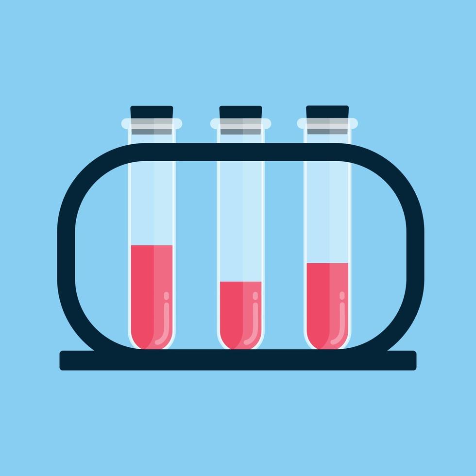 frascos médicos en el escritorio con estructura de sangre o etc ... ilustración de vector de diseño de estilo plano aislado sobre fondo azul claro. Equipo de laboratorio científico o químico fabricado en vidrio.