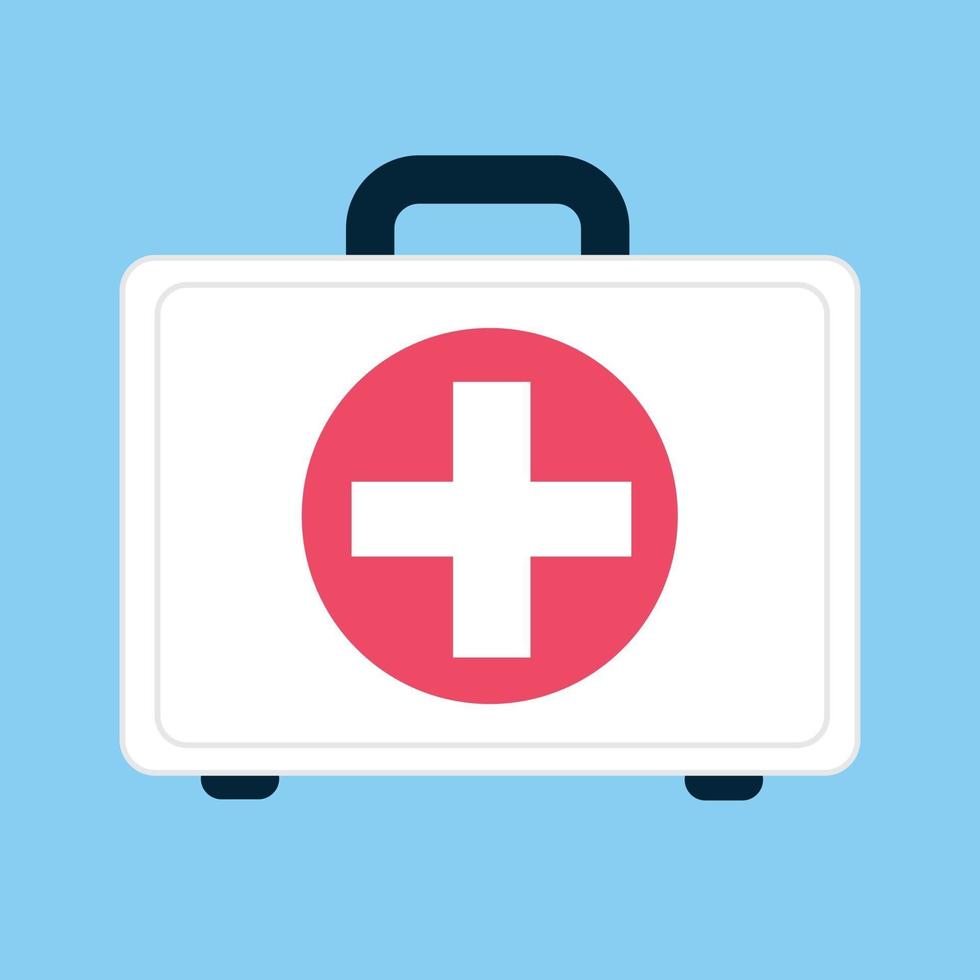 First aid kit flat style design vector illustration isolated on light blue background. Doctor bag box medical health suitcase icon sign with red cross on it.