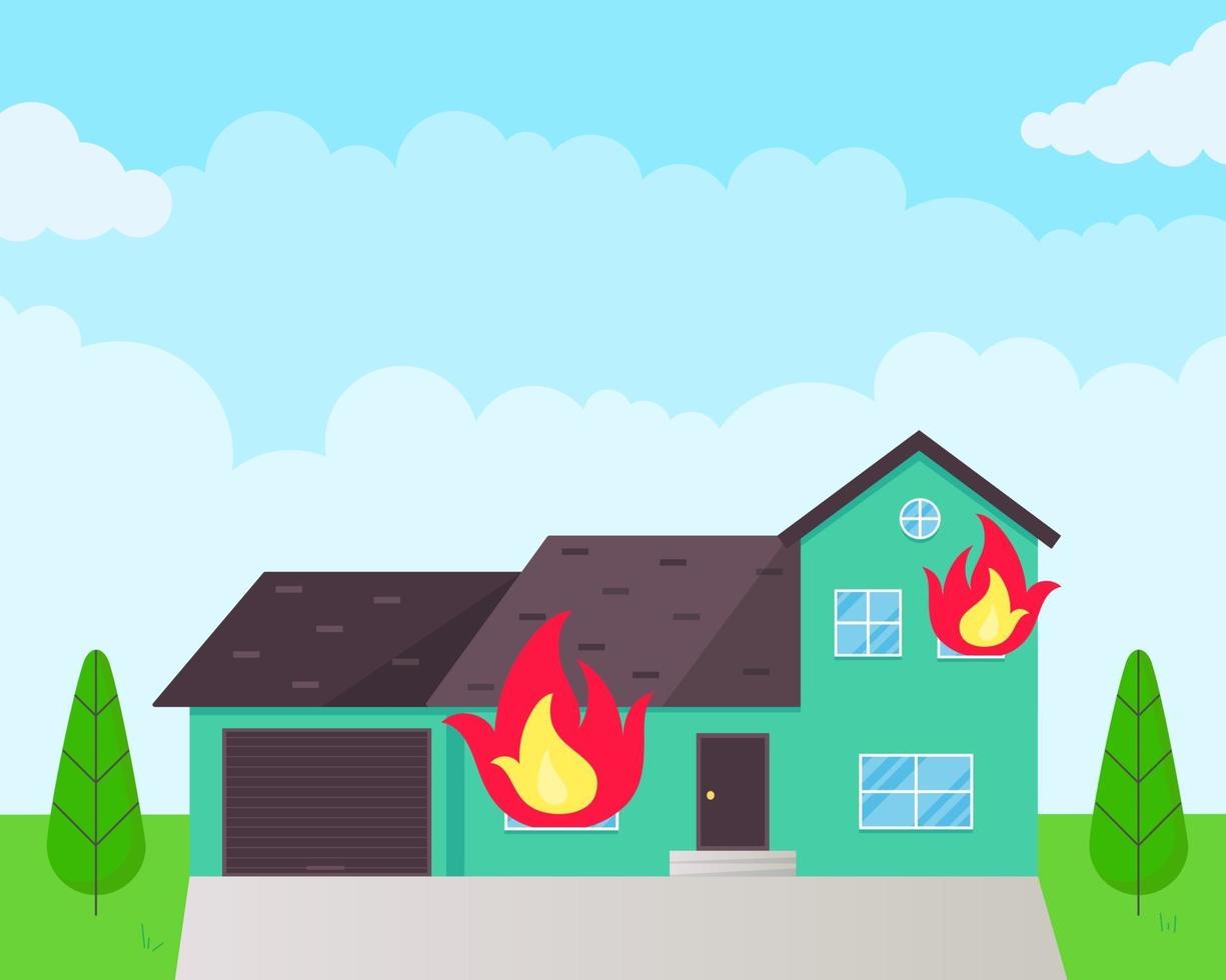 Burning house flat style design vector illustration with fire flames in the windows. Fire insurance concept accident.