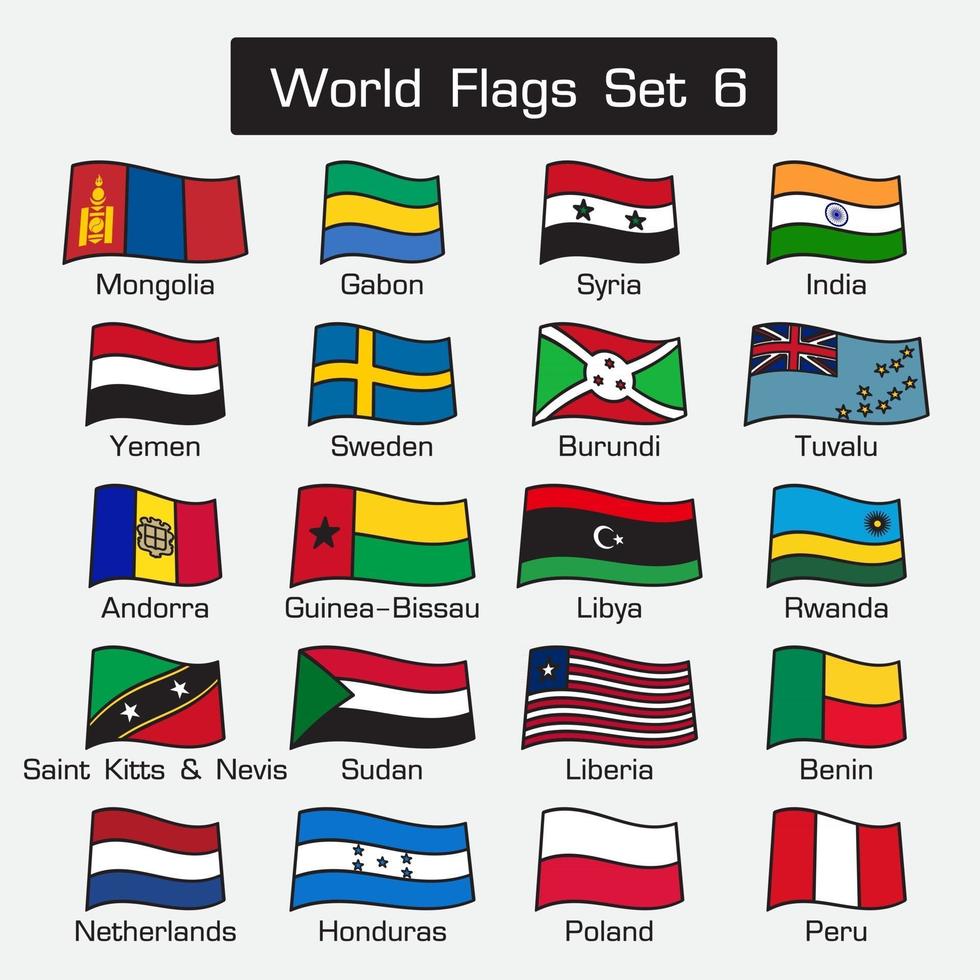 World flags set 6 . simple style and flat design . thick outline . vector