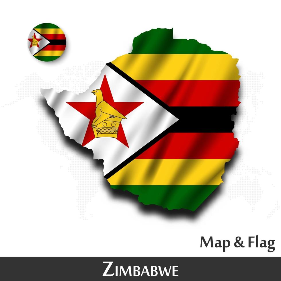 Mapa y bandera de Zimbabwe. agitando diseño textil. fondo del mapa del mundo de puntos. vector. vector