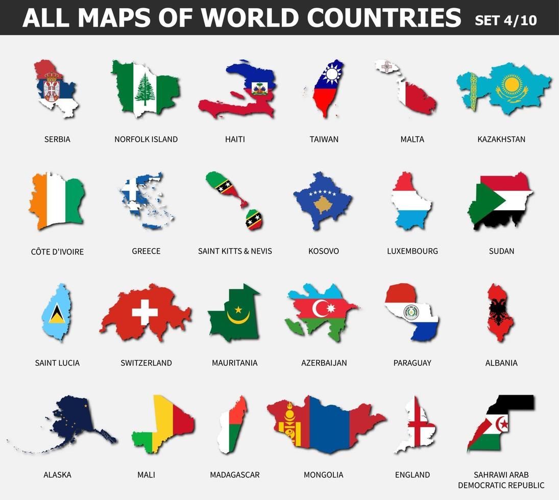 All maps of world countries and flags . Set 4 of 10 . Collection of outline shape of international country map with shadow . Flat design . Vector .