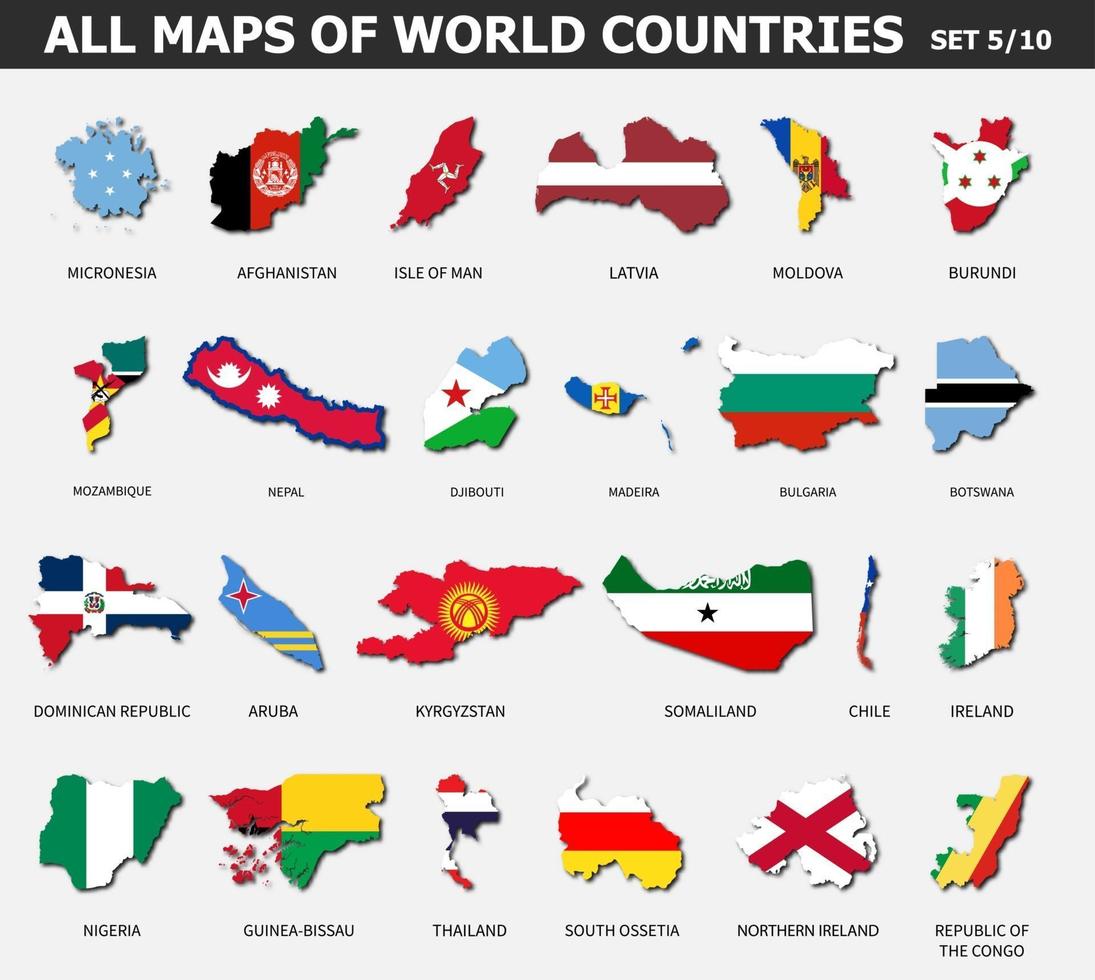 All maps of world countries and flags . Set 5 of 10 . Collection of outline shape of international country map with shadow . Flat design . Vector .