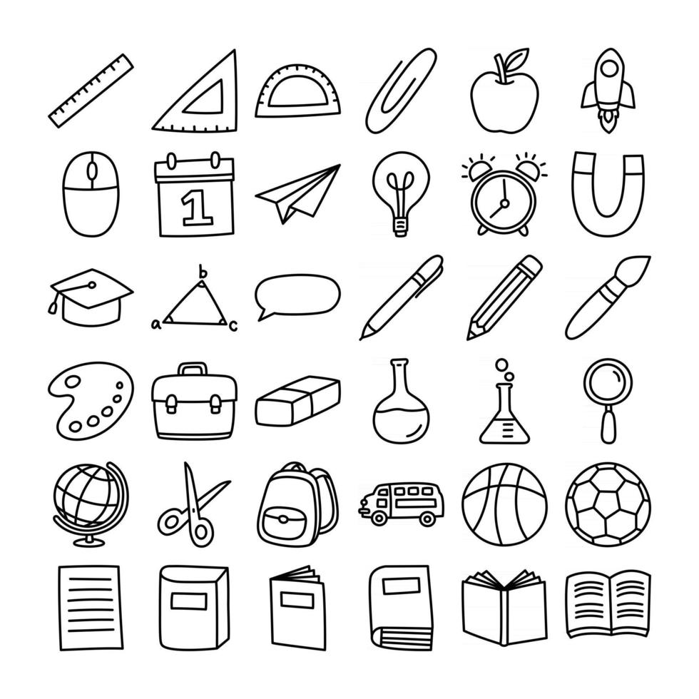 volver a la escuela conjunto de iconos estilo doodle. educación objetos y símbolos dibujados a mano con línea fina. vector