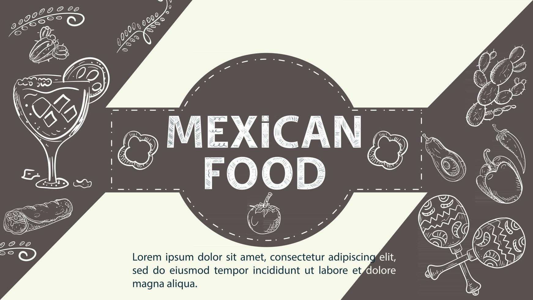 Illustration sketch for the design in the center of the circle the inscription Mexican food chili pepper a glass with a drink maracas and cacti coffee background vector