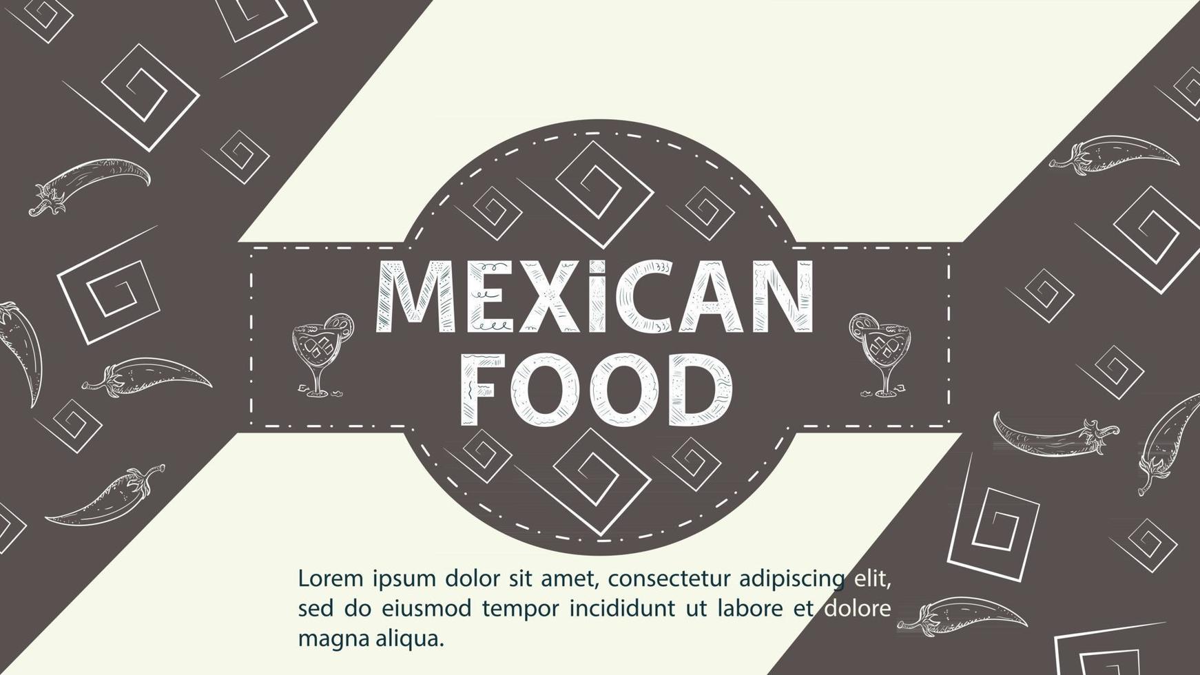 Boceto de ilustración para el diseño en el centro del círculo la inscripción comida mexicana vasos de pimiento picante con bebidas sobre un fondo de café vector