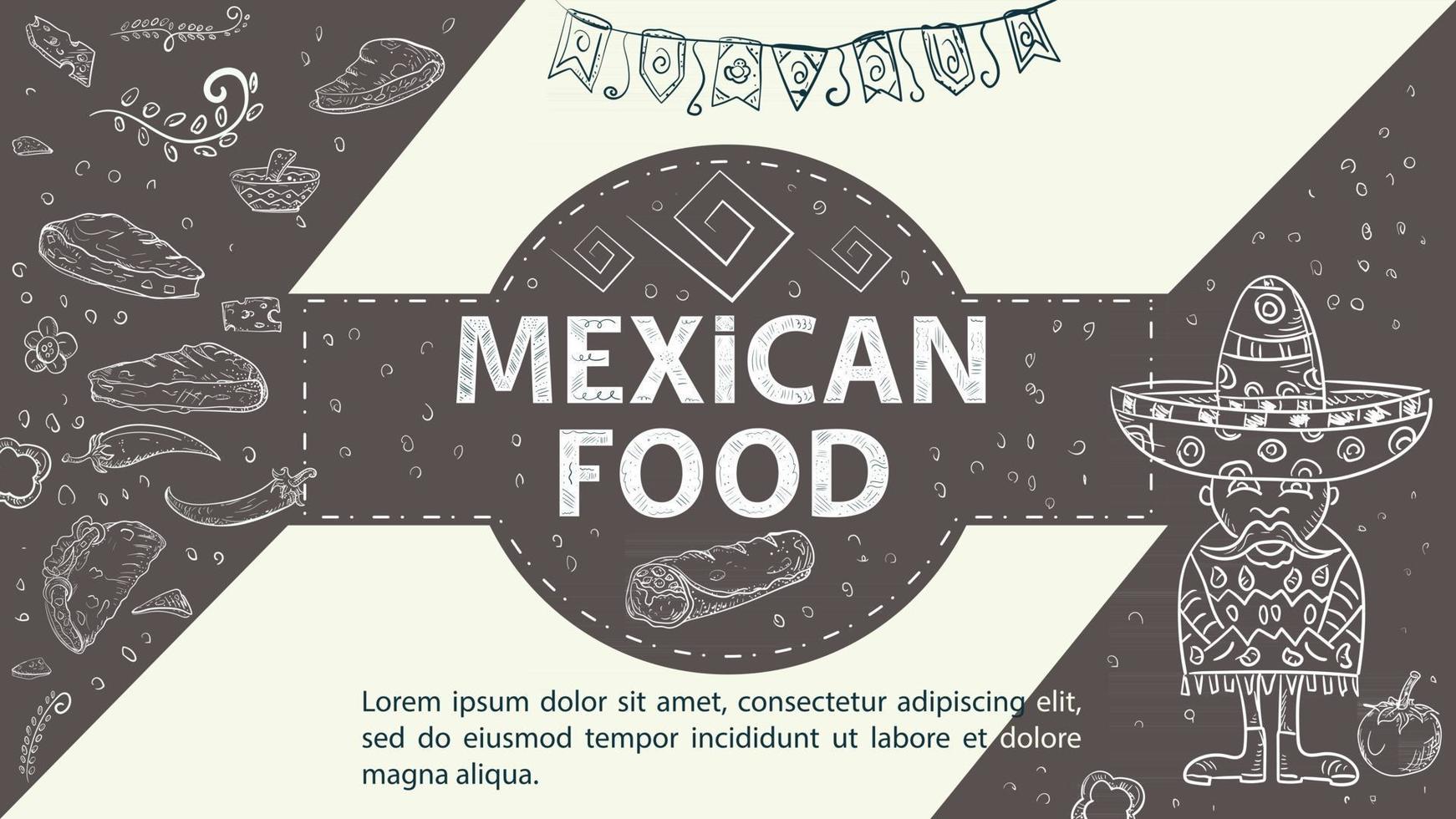 Illustration sketch for the design in the center of the circle the inscription Mexican food Mexican in a poncho and sombrero tortilla that burrito hot chili pepper on a coffee background vector